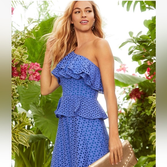 Lilly Pulitzer Dresses & Skirts - Lilly Pulitzer Josey blue Eyelet One-Shoulder Dress size 2